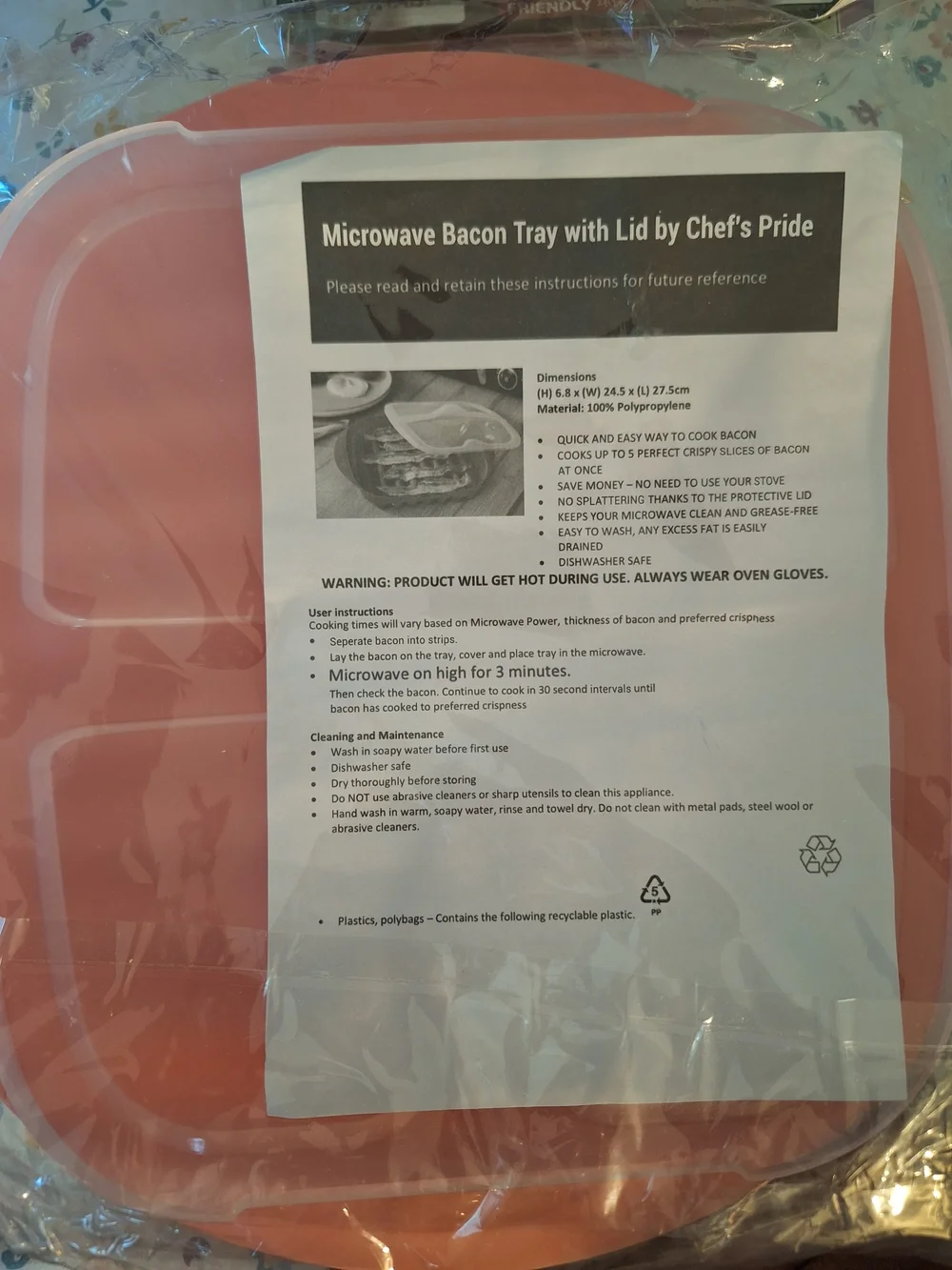 Microwave Bacon Tray with Lid - Coral/White